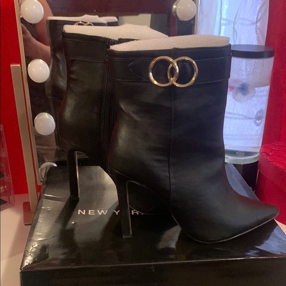 New York & Company Black and Gold Heeled Boots with Stiletto Heel